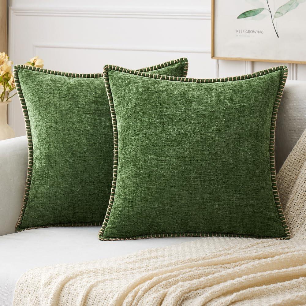 imageMIULEE Pack of 2 Couch Throw Pillow Covers 18x18 Inch Coastal Aqua Blue Farmhouse Decorative Pillow Covers with Stitched Edge Soft Chenille Solid Dyed Spring Pillow Covers for Sofa Bed Living RoomMoss Green