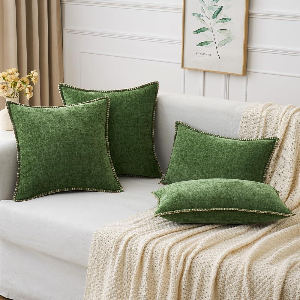 imageMIULEE Pack of 2 Couch Throw Pillow Covers 18x18 Inch Coastal Aqua Blue Farmhouse Decorative Pillow Covers with Stitched Edge Soft Chenille Solid Dyed Spring Pillow Covers for Sofa Bed Living RoomMoss Green