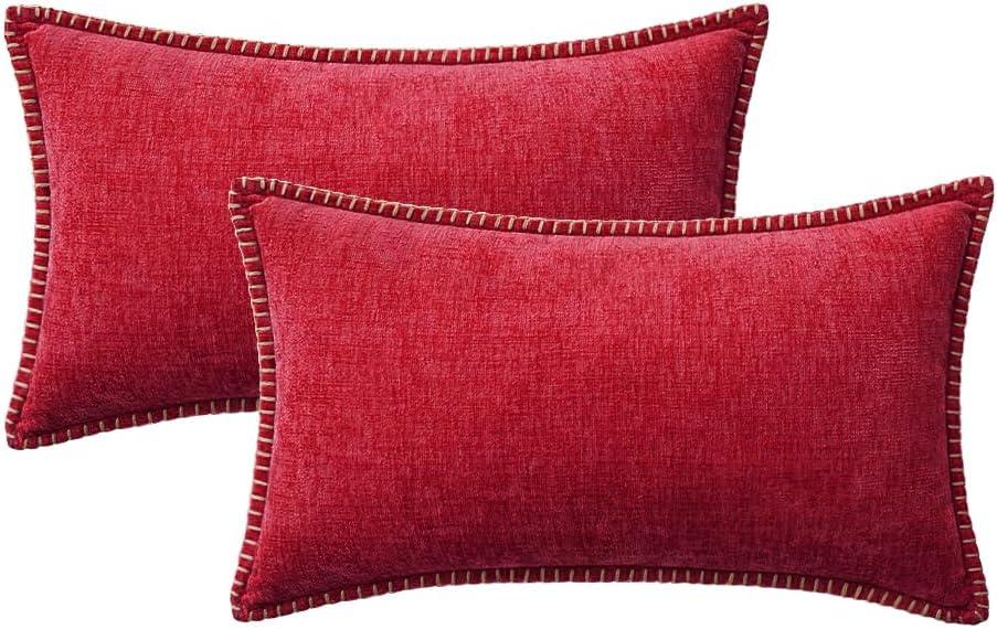 imageMIULEE Pack of 2 Couch Throw Pillow Covers 18x18 Inch Coastal Aqua Blue Farmhouse Decorative Pillow Covers with Stitched Edge Soft Chenille Solid Dyed Spring Pillow Covers for Sofa Bed Living RoomRed