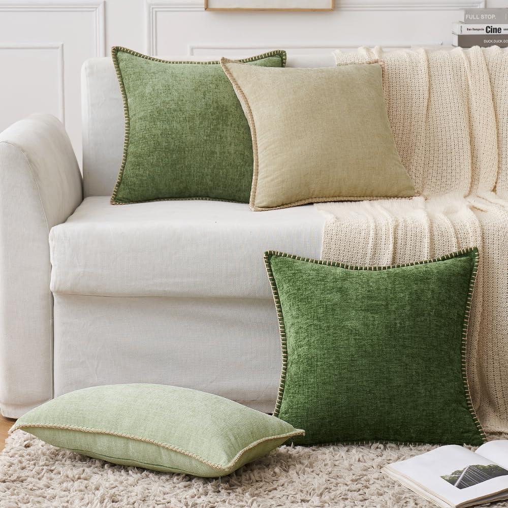 imageMIULEE Pack of 2 Couch Throw Pillow Covers 18x18 Inch Coastal Aqua Blue Farmhouse Decorative Pillow Covers with Stitched Edge Soft Chenille Solid Dyed Spring Pillow Covers for Sofa Bed Living RoomMoss Green