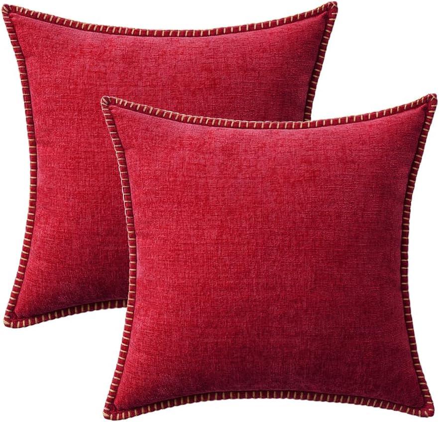 imageMIULEE Pack of 2 Couch Throw Pillow Covers 18x18 Inch Coastal Aqua Blue Farmhouse Decorative Pillow Covers with Stitched Edge Soft Chenille Solid Dyed Spring Pillow Covers for Sofa Bed Living RoomRed