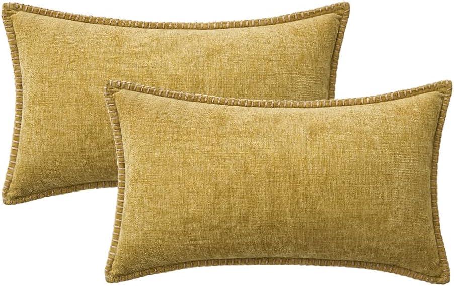 imageMIULEE Pack of 2 Couch Throw Pillow Covers 18x18 Inch Coastal Aqua Blue Farmhouse Decorative Pillow Covers with Stitched Edge Soft Chenille Solid Dyed Spring Pillow Covers for Sofa Bed Living RoomMustard Yellow