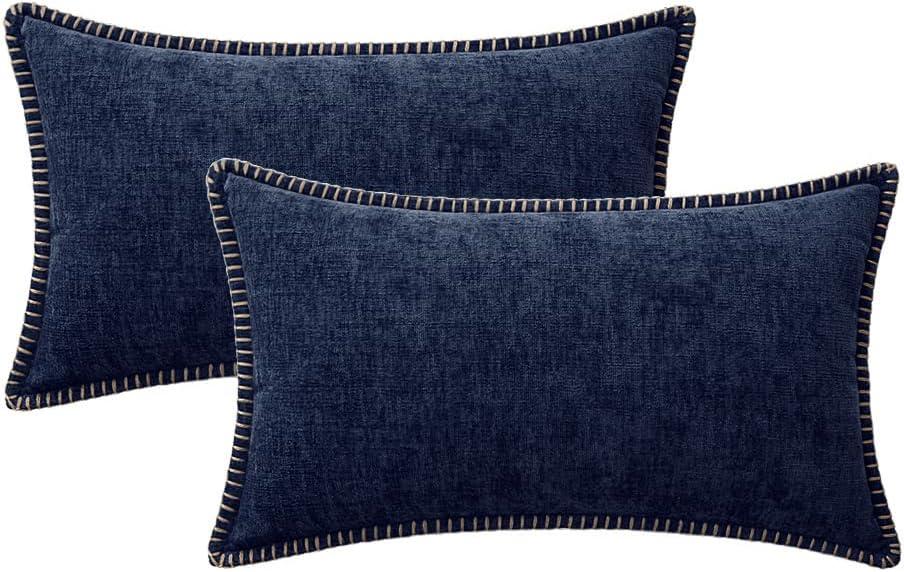 imageMIULEE Pack of 2 Couch Throw Pillow Covers 18x18 Inch Coastal Aqua Blue Farmhouse Decorative Pillow Covers with Stitched Edge Soft Chenille Solid Dyed Spring Pillow Covers for Sofa Bed Living RoomNavy Blue