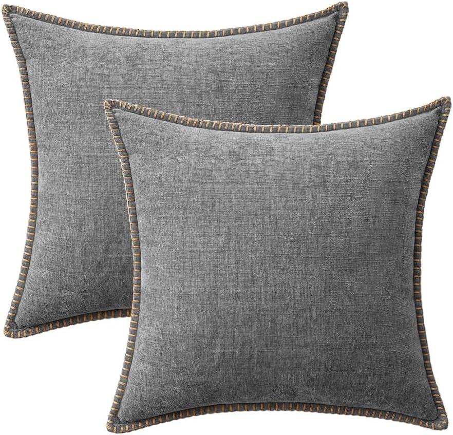 imageMIULEE Pack of 2 Couch Throw Pillow Covers 18x18 Inch Coastal Aqua Blue Farmhouse Decorative Pillow Covers with Stitched Edge Soft Chenille Solid Dyed Spring Pillow Covers for Sofa Bed Living RoomDark Gray
