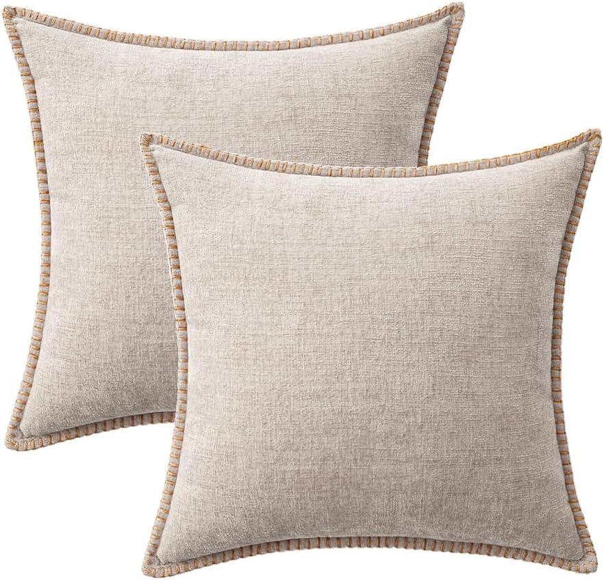 imageMIULEE Pack of 2 Couch Throw Pillow Covers 18x18 Inch Coastal Aqua Blue Farmhouse Decorative Pillow Covers with Stitched Edge Soft Chenille Solid Dyed Spring Pillow Covers for Sofa Bed Living RoomNatural Beige