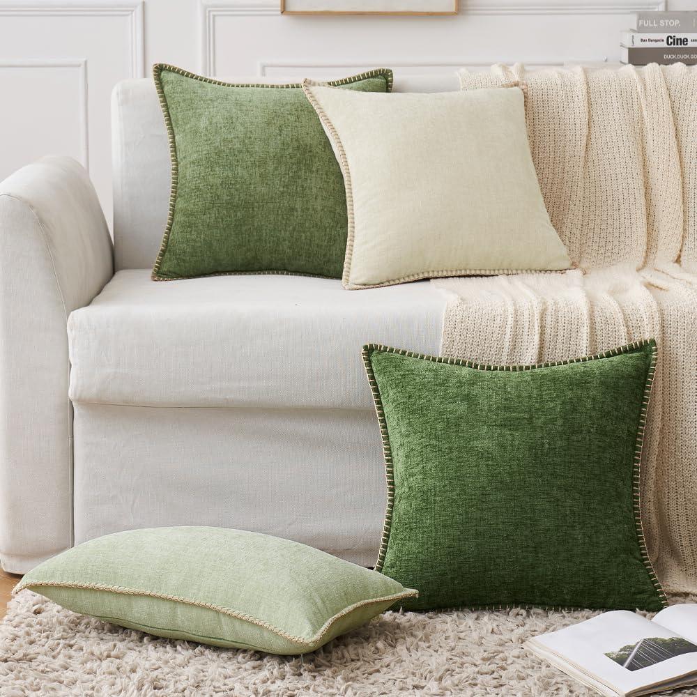 imageMIULEE Pack of 2 Couch Throw Pillow Covers 18x18 Inch Coastal Aqua Blue Farmhouse Decorative Pillow Covers with Stitched Edge Soft Chenille Solid Dyed Spring Pillow Covers for Sofa Bed Living RoomCream White