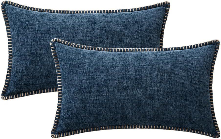 imageMIULEE Pack of 2 Couch Throw Pillow Covers 18x18 Inch Coastal Aqua Blue Farmhouse Decorative Pillow Covers with Stitched Edge Soft Chenille Solid Dyed Spring Pillow Covers for Sofa Bed Living RoomDark Blue