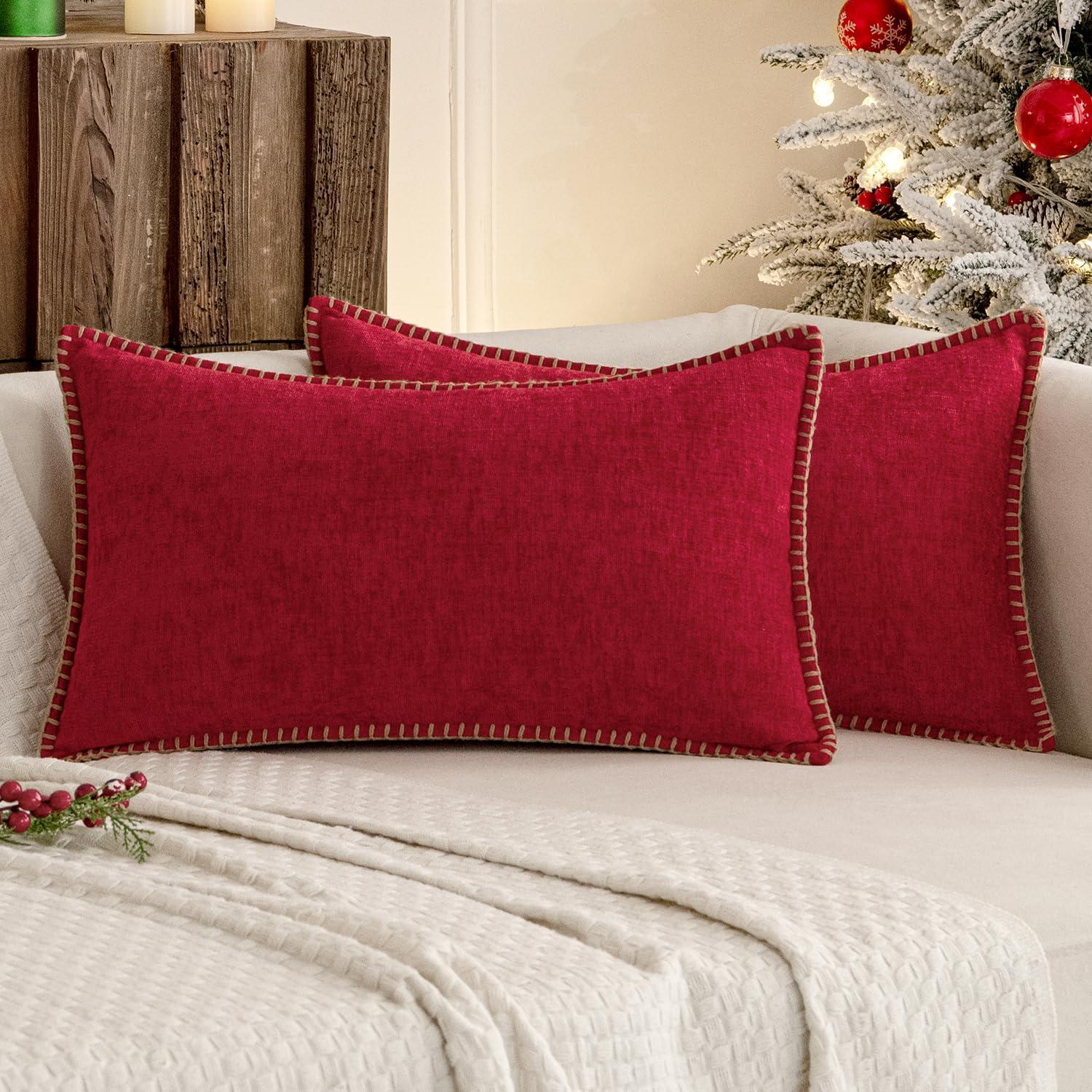 imageMIULEE Pack of 2 Couch Throw Pillow Covers 18x18 Inch Coastal Aqua Blue Farmhouse Decorative Pillow Covers with Stitched Edge Soft Chenille Solid Dyed Spring Pillow Covers for Sofa Bed Living RoomRed