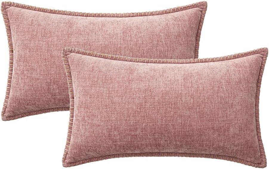 imageMIULEE Pack of 2 Couch Throw Pillow Covers 18x18 Inch Coastal Aqua Blue Farmhouse Decorative Pillow Covers with Stitched Edge Soft Chenille Solid Dyed Spring Pillow Covers for Sofa Bed Living RoomBlush Pink