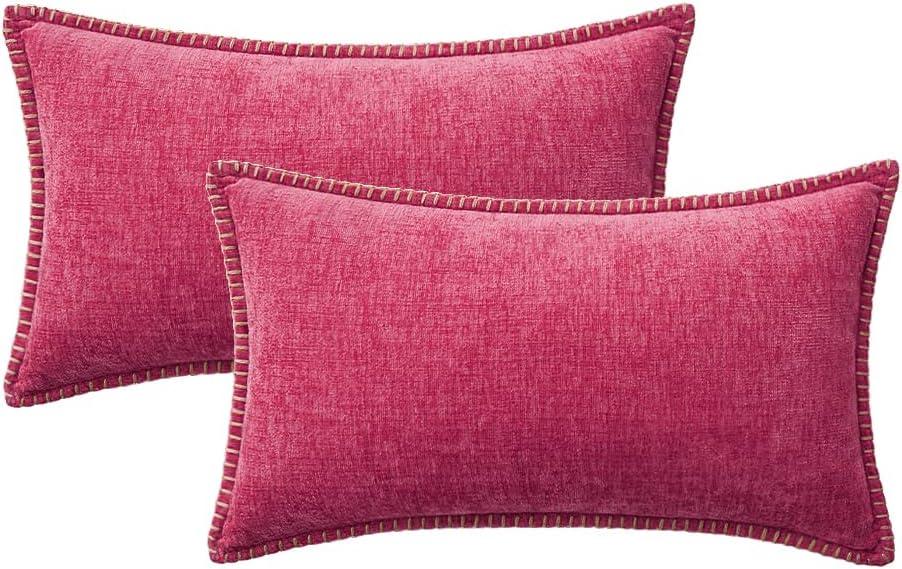 imageMIULEE Pack of 2 Couch Throw Pillow Covers 18x18 Inch Coastal Aqua Blue Farmhouse Decorative Pillow Covers with Stitched Edge Soft Chenille Solid Dyed Spring Pillow Covers for Sofa Bed Living RoomHot Pink