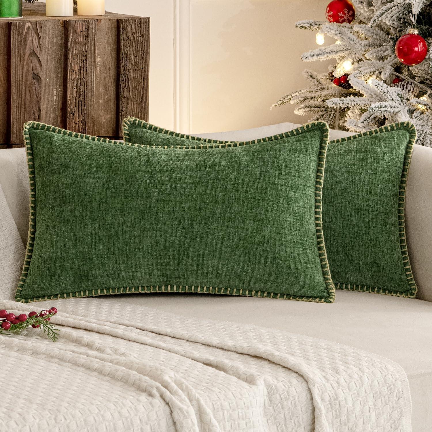 imageMIULEE Pack of 2 Couch Throw Pillow Covers 18x18 Inch Coastal Aqua Blue Farmhouse Decorative Pillow Covers with Stitched Edge Soft Chenille Solid Dyed Spring Pillow Covers for Sofa Bed Living RoomMoss Green