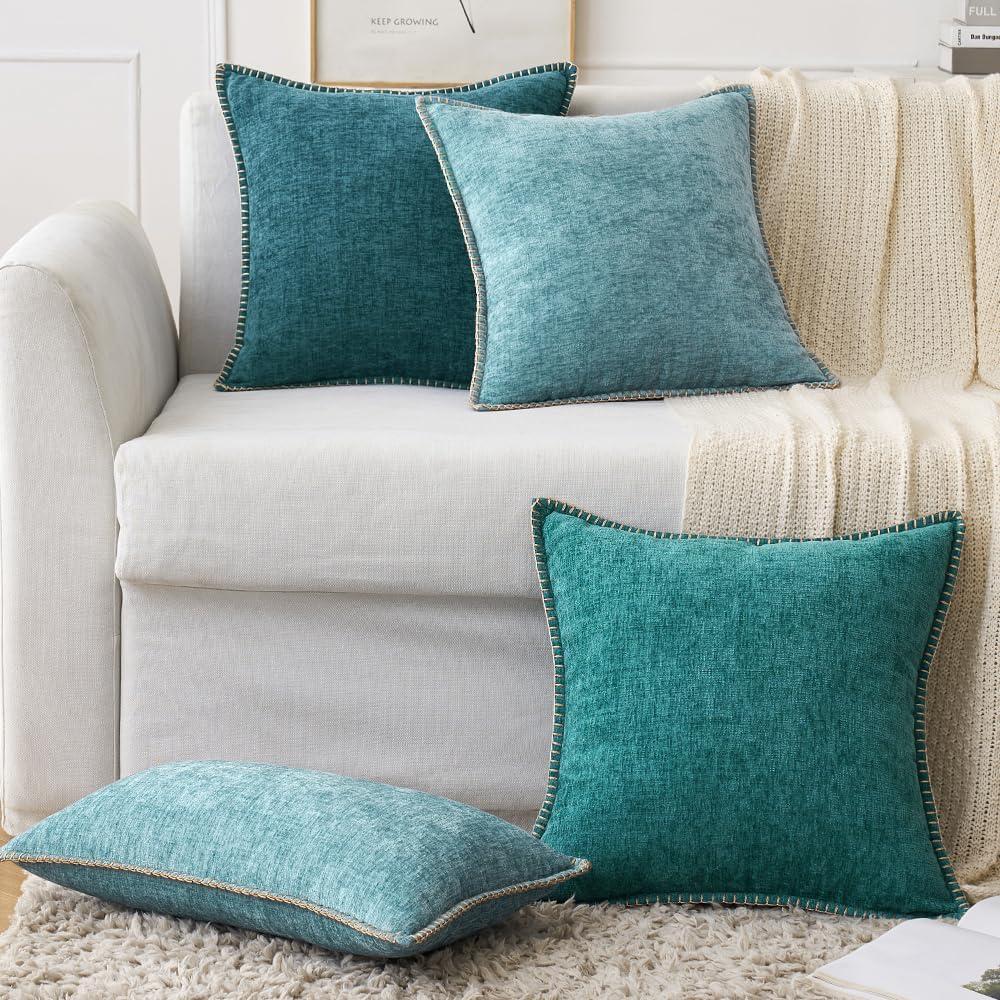 imageMIULEE Pack of 2 Couch Throw Pillow Covers 18x18 Inch Coastal Aqua Blue Farmhouse Decorative Pillow Covers with Stitched Edge Soft Chenille Solid Dyed Spring Pillow Covers for Sofa Bed Living RoomDark Teal