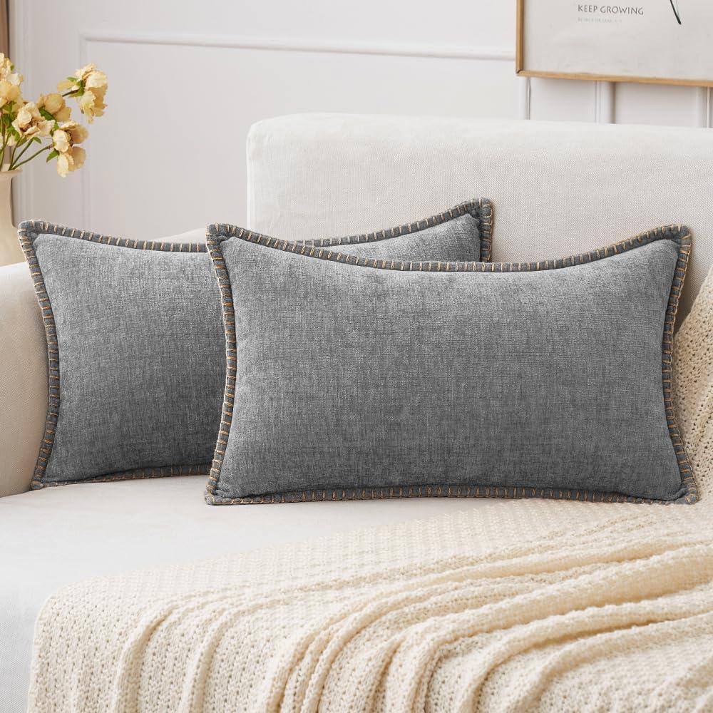 imageMIULEE Pack of 2 Couch Throw Pillow Covers 18x18 Inch Coastal Aqua Blue Farmhouse Decorative Pillow Covers with Stitched Edge Soft Chenille Solid Dyed Spring Pillow Covers for Sofa Bed Living RoomDark Gray