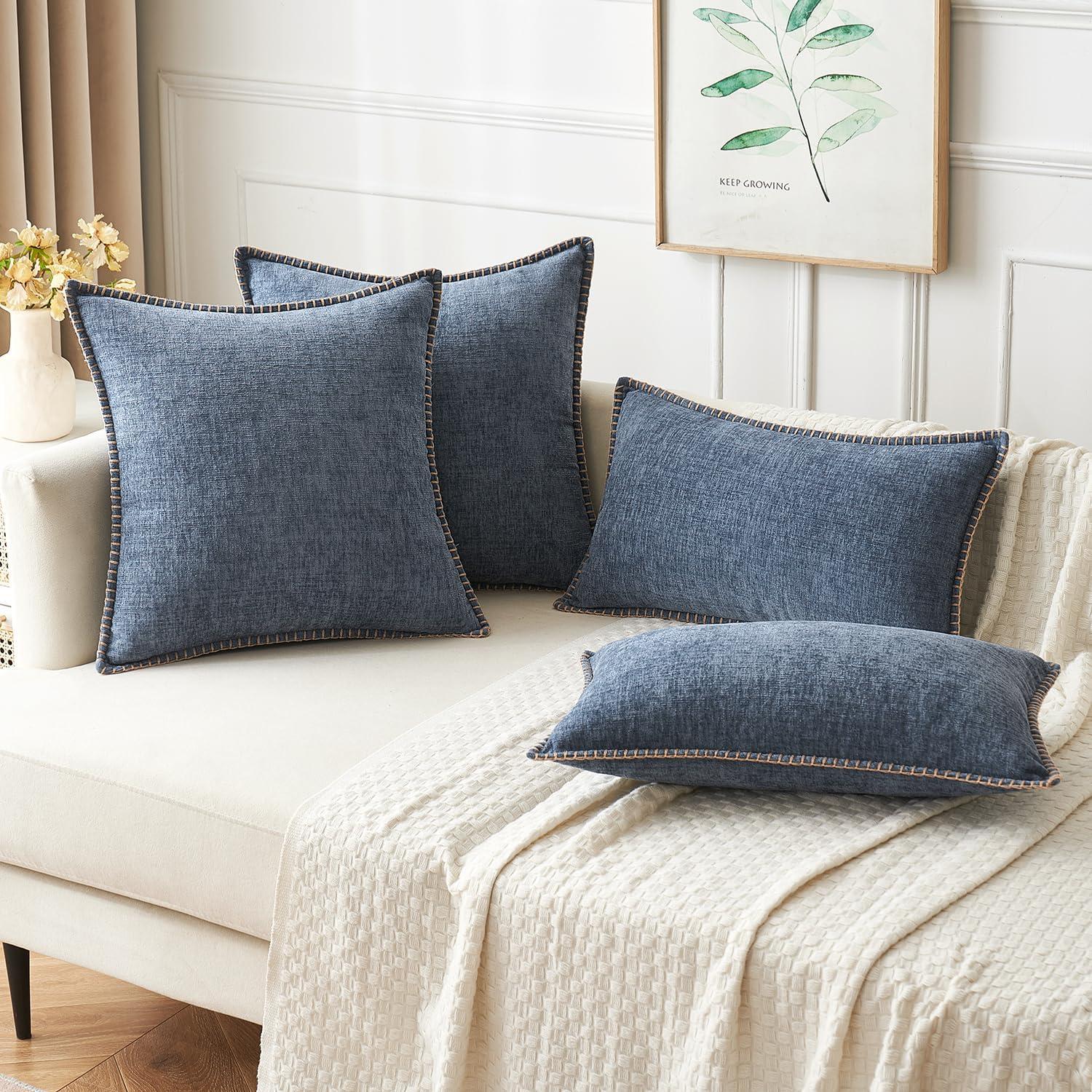 imageMIULEE Pack of 2 Couch Throw Pillow Covers 18x18 Inch Coastal Aqua Blue Farmhouse Decorative Pillow Covers with Stitched Edge Soft Chenille Solid Dyed Spring Pillow Covers for Sofa Bed Living RoomDark Grey Blue