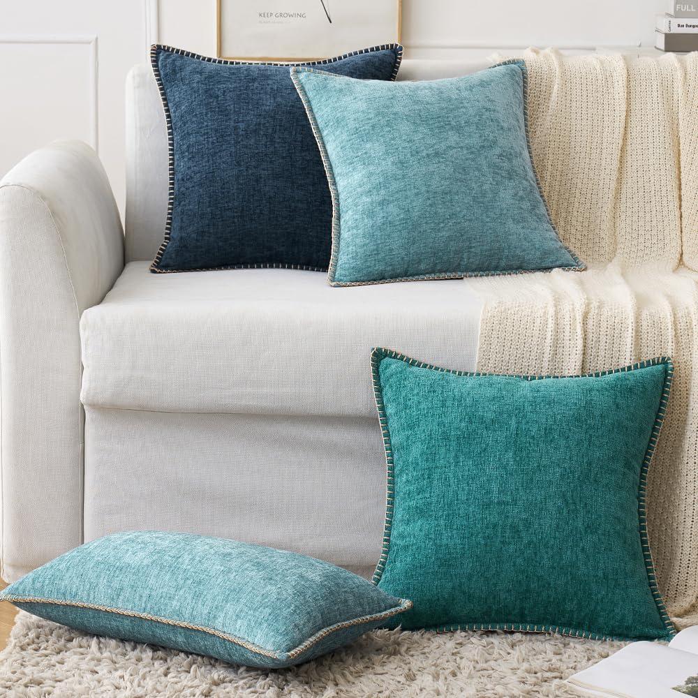 imageMIULEE Pack of 2 Couch Throw Pillow Covers 18x18 Inch Coastal Aqua Blue Farmhouse Decorative Pillow Covers with Stitched Edge Soft Chenille Solid Dyed Spring Pillow Covers for Sofa Bed Living RoomTeal