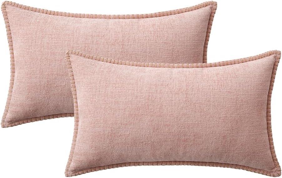 imageMIULEE Pack of 2 Couch Throw Pillow Covers 18x18 Inch Coastal Aqua Blue Farmhouse Decorative Pillow Covers with Stitched Edge Soft Chenille Solid Dyed Spring Pillow Covers for Sofa Bed Living RoomPink