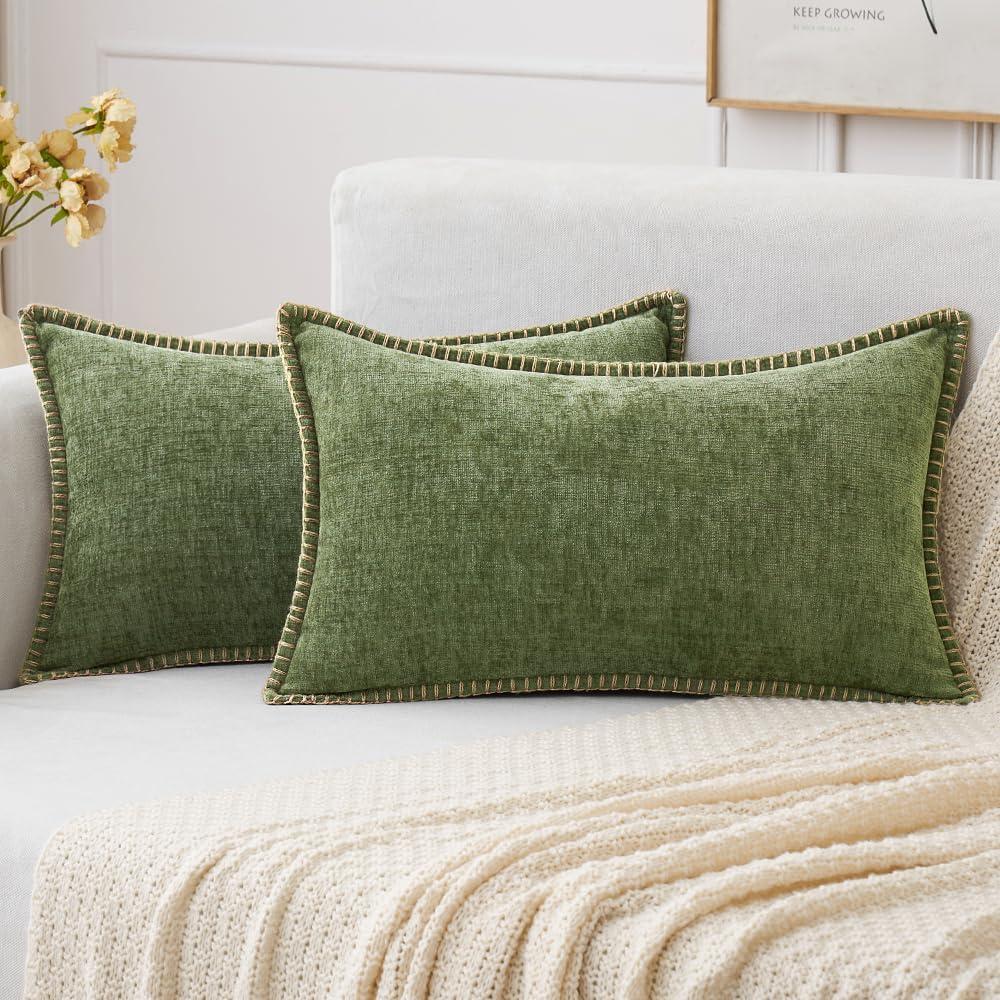 imageMIULEE Pack of 2 Couch Throw Pillow Covers 18x18 Inch Coastal Aqua Blue Farmhouse Decorative Pillow Covers with Stitched Edge Soft Chenille Solid Dyed Spring Pillow Covers for Sofa Bed Living RoomSage Green