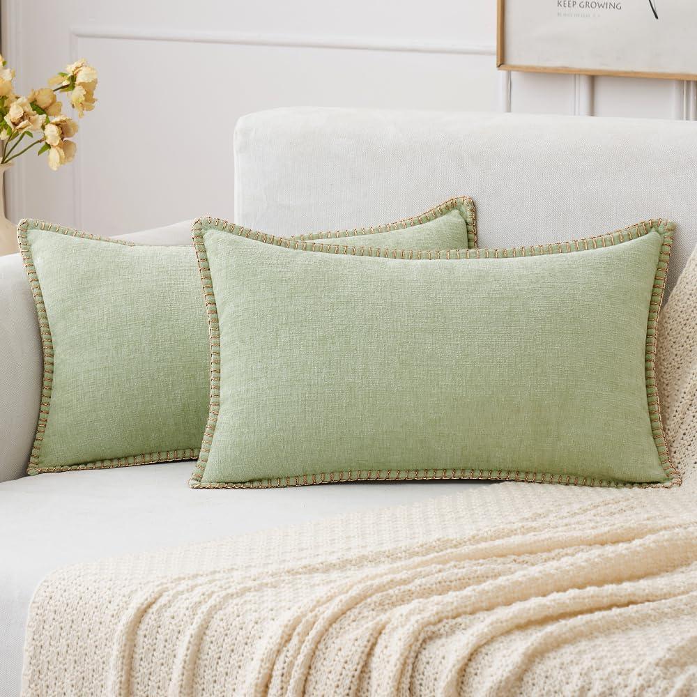 imageMIULEE Pack of 2 Couch Throw Pillow Covers 18x18 Inch Coastal Aqua Blue Farmhouse Decorative Pillow Covers with Stitched Edge Soft Chenille Solid Dyed Spring Pillow Covers for Sofa Bed Living RoomLight Green