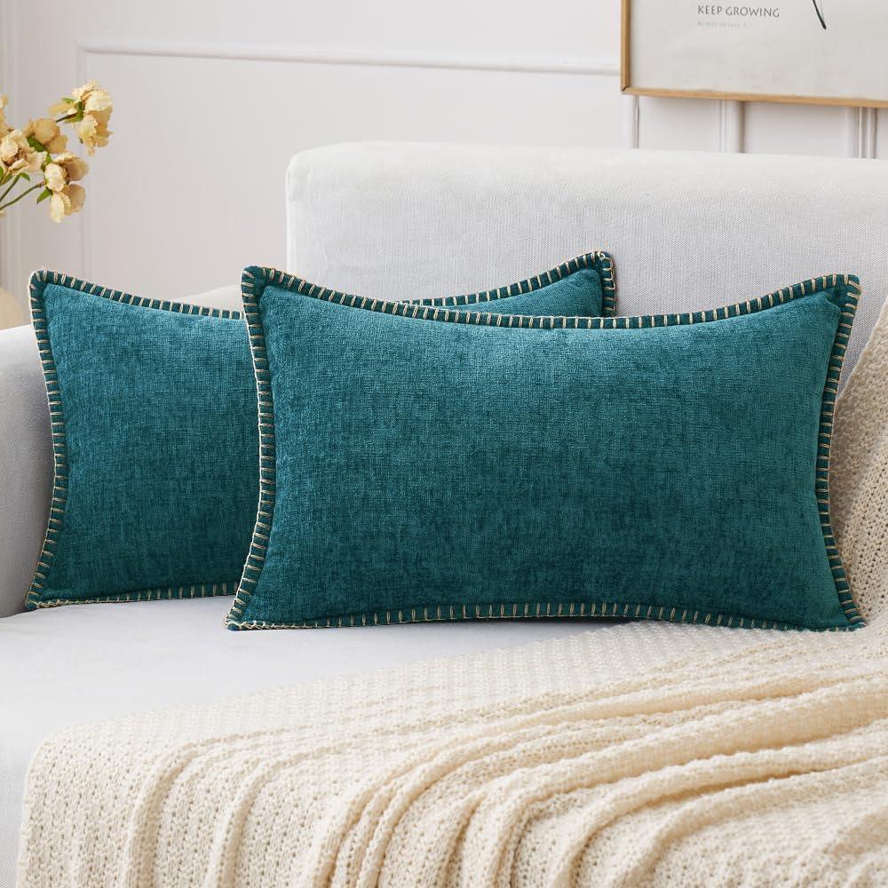 imageMIULEE Pack of 2 Couch Throw Pillow Covers 18x18 Inch Coastal Aqua Blue Farmhouse Decorative Pillow Covers with Stitched Edge Soft Chenille Solid Dyed Spring Pillow Covers for Sofa Bed Living RoomDark Teal