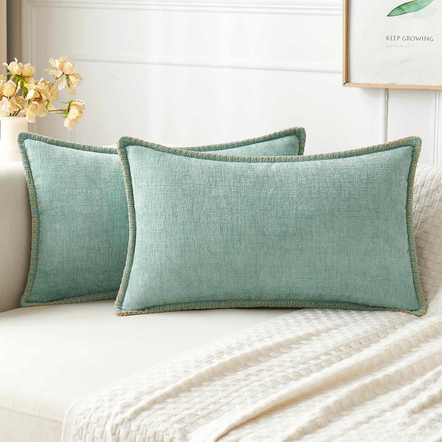 imageMIULEE Pack of 2 Couch Throw Pillow Covers 18x18 Inch Coastal Aqua Blue Farmhouse Decorative Pillow Covers with Stitched Edge Soft Chenille Solid Dyed Spring Pillow Covers for Sofa Bed Living RoomAqua Green