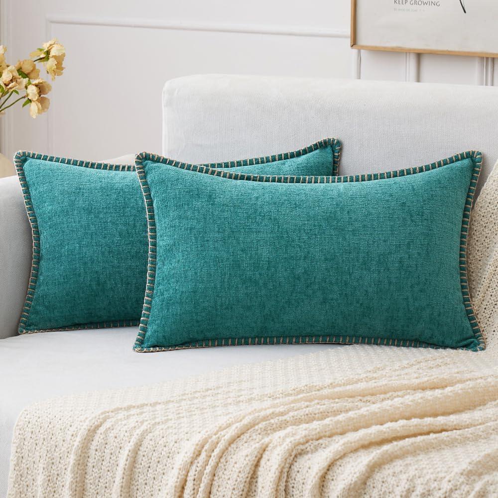 imageMIULEE Pack of 2 Couch Throw Pillow Covers 18x18 Inch Coastal Aqua Blue Farmhouse Decorative Pillow Covers with Stitched Edge Soft Chenille Solid Dyed Spring Pillow Covers for Sofa Bed Living RoomTeal