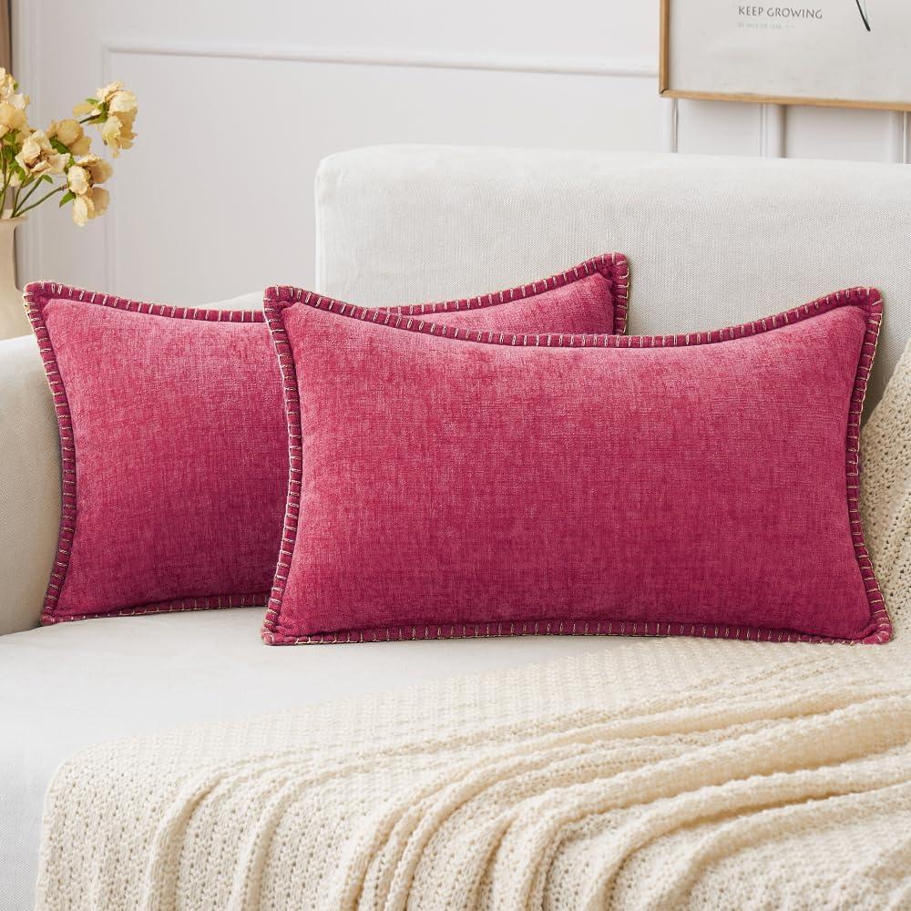 imageMIULEE Pack of 2 Couch Throw Pillow Covers 18x18 Inch Coastal Aqua Blue Farmhouse Decorative Pillow Covers with Stitched Edge Soft Chenille Solid Dyed Spring Pillow Covers for Sofa Bed Living RoomHot Pink
