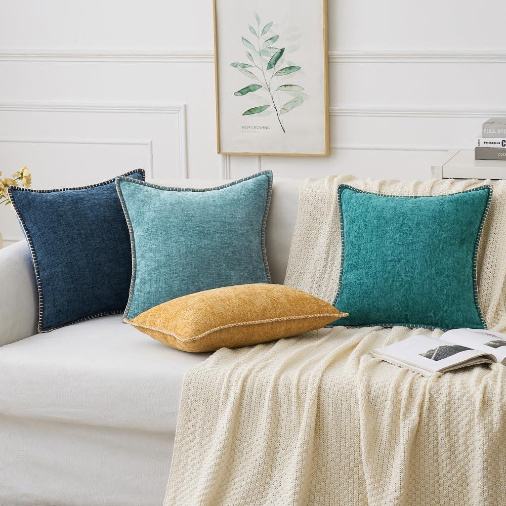 imageMIULEE Pack of 2 Couch Throw Pillow Covers 18x18 Inch Coastal Aqua Blue Farmhouse Decorative Pillow Covers with Stitched Edge Soft Chenille Solid Dyed Spring Pillow Covers for Sofa Bed Living RoomTeal