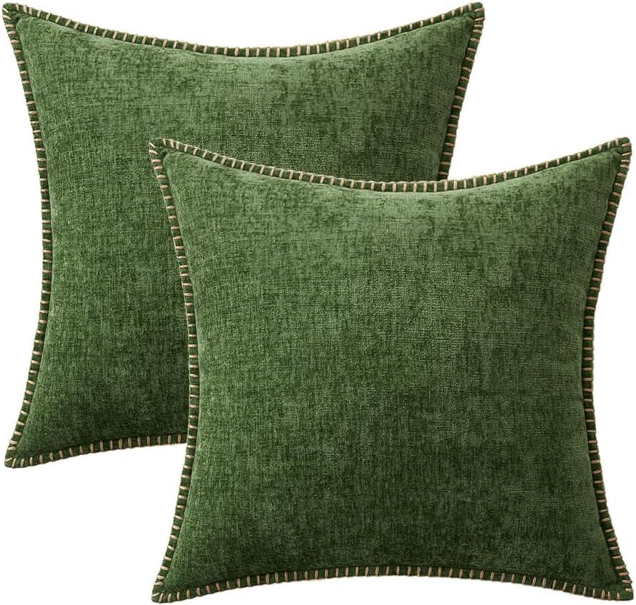 imageMIULEE Pack of 2 Couch Throw Pillow Covers 18x18 Inch Coastal Aqua Blue Farmhouse Decorative Pillow Covers with Stitched Edge Soft Chenille Solid Dyed Spring Pillow Covers for Sofa Bed Living RoomMoss Green
