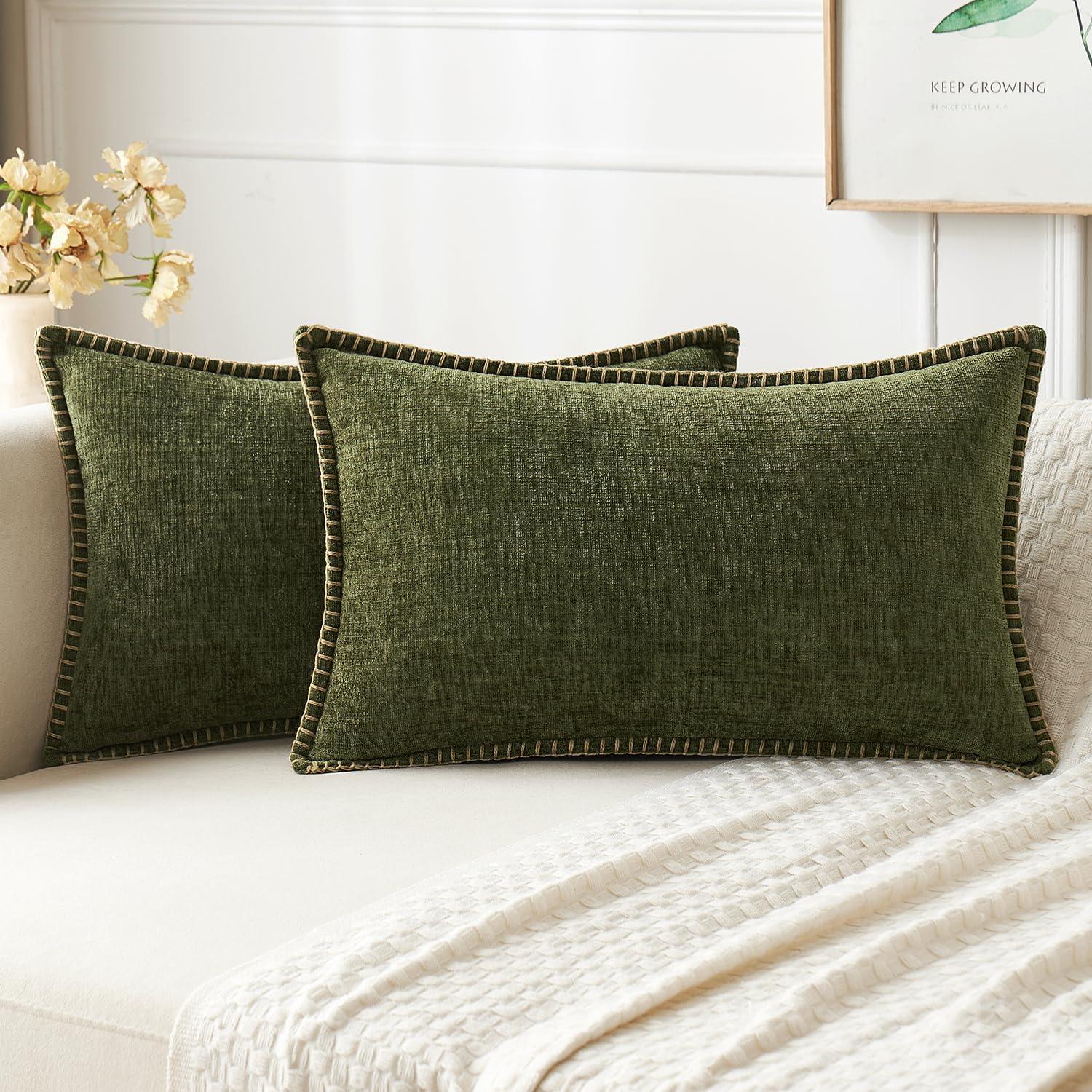 imageMIULEE Pack of 2 Couch Throw Pillow Covers 18x18 Inch Dark Teal Farmhouse Decorative Pillow Covers with Stitched Edge Soft Chenille Solid Dyed Spring Pillow Covers for Sofa Bed Living RoomOlive Green