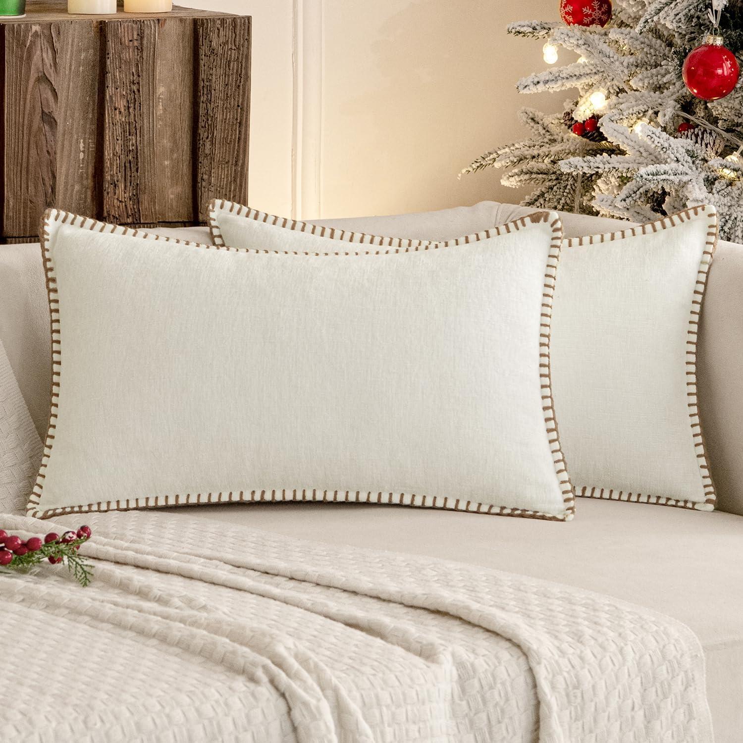 imageMIULEE Pack of 2 Couch Throw Pillow Covers 18x18 Inch Dark Teal Farmhouse Decorative Pillow Covers with Stitched Edge Soft Chenille Solid Dyed Spring Pillow Covers for Sofa Bed Living RoomPure White