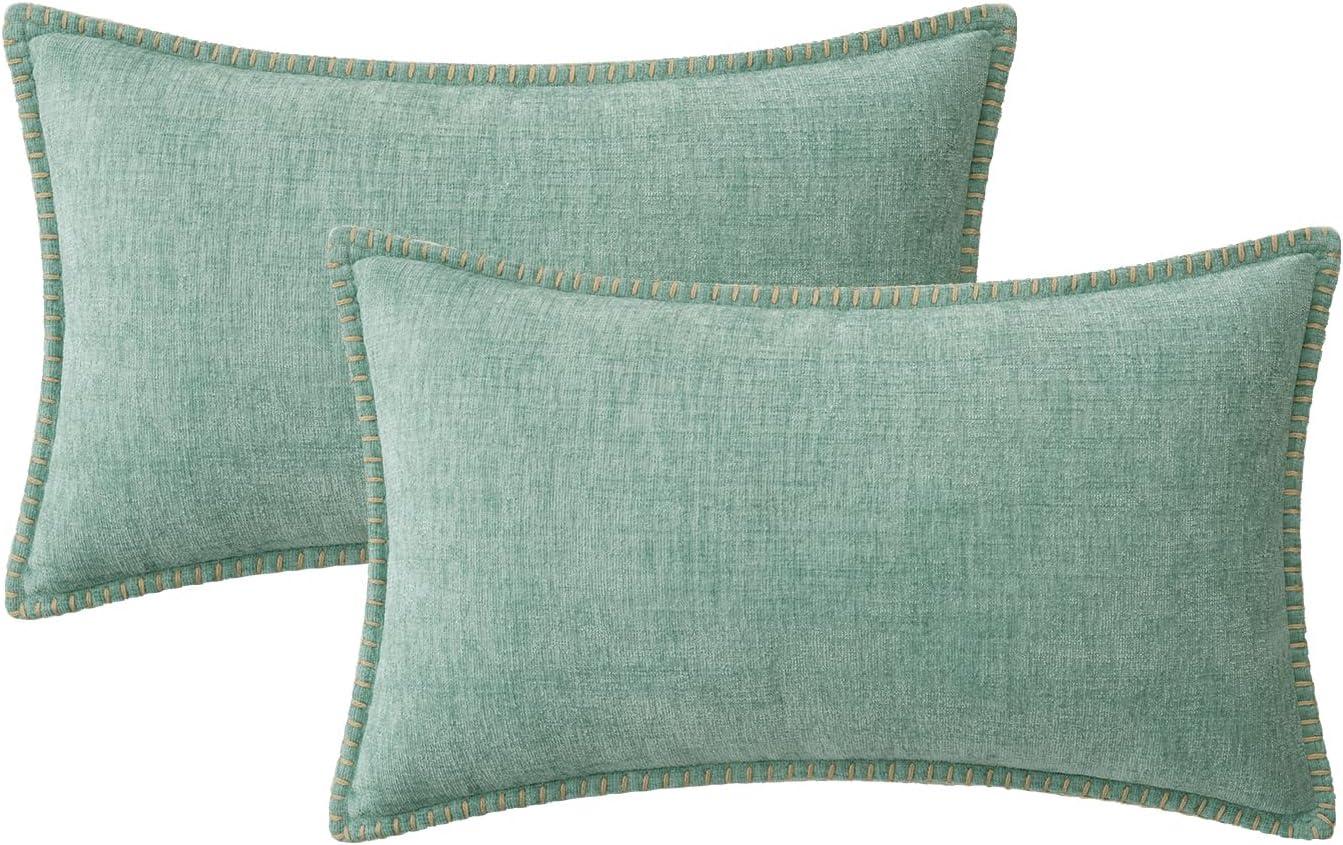 imageMIULEE Pack of 2 Couch Throw Pillow Covers 18x18 Inch Dark Teal Farmhouse Decorative Pillow Covers with Stitched Edge Soft Chenille Solid Dyed Spring Pillow Covers for Sofa Bed Living RoomAqua Green