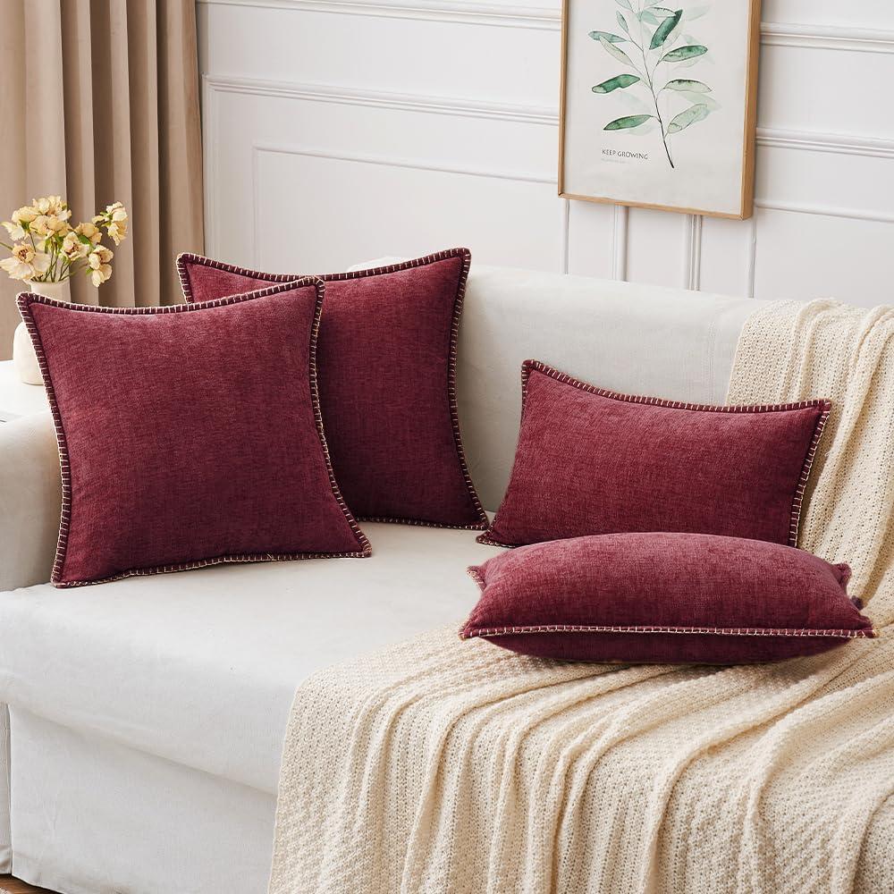 imageMIULEE Pack of 2 Couch Throw Pillow Covers 18x18 Inch Dark Teal Farmhouse Decorative Pillow Covers with Stitched Edge Soft Chenille Solid Dyed Spring Pillow Covers for Sofa Bed Living RoomBurgundy Red