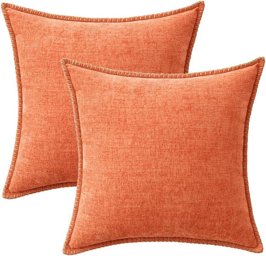 imageMIULEE Pack of 2 Couch Throw Pillow Covers 18x18 Inch Dark Teal Farmhouse Decorative Pillow Covers with Stitched Edge Soft Chenille Solid Dyed Spring Pillow Covers for Sofa Bed Living RoomCoral Red