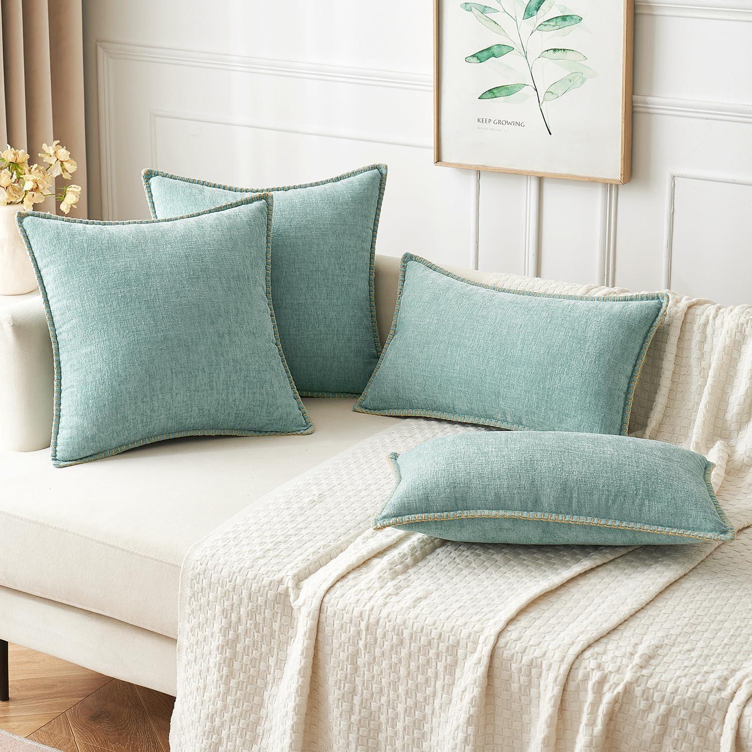 imageMIULEE Pack of 2 Couch Throw Pillow Covers 18x18 Inch Dark Teal Farmhouse Decorative Pillow Covers with Stitched Edge Soft Chenille Solid Dyed Spring Pillow Covers for Sofa Bed Living RoomAqua Blue