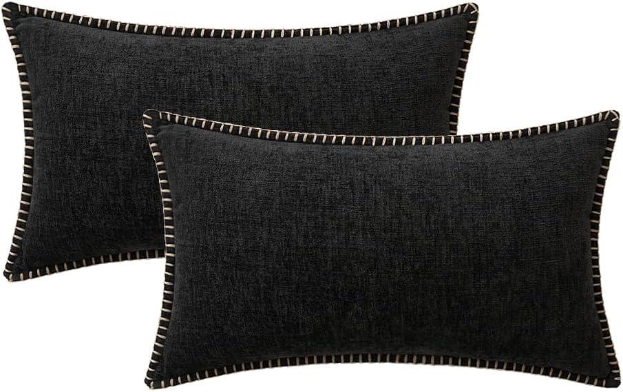 imageMIULEE Pack of 2 Couch Throw Pillow Covers 18x18 Inch Dark Teal Farmhouse Decorative Pillow Covers with Stitched Edge Soft Chenille Solid Dyed Spring Pillow Covers for Sofa Bed Living RoomBlack