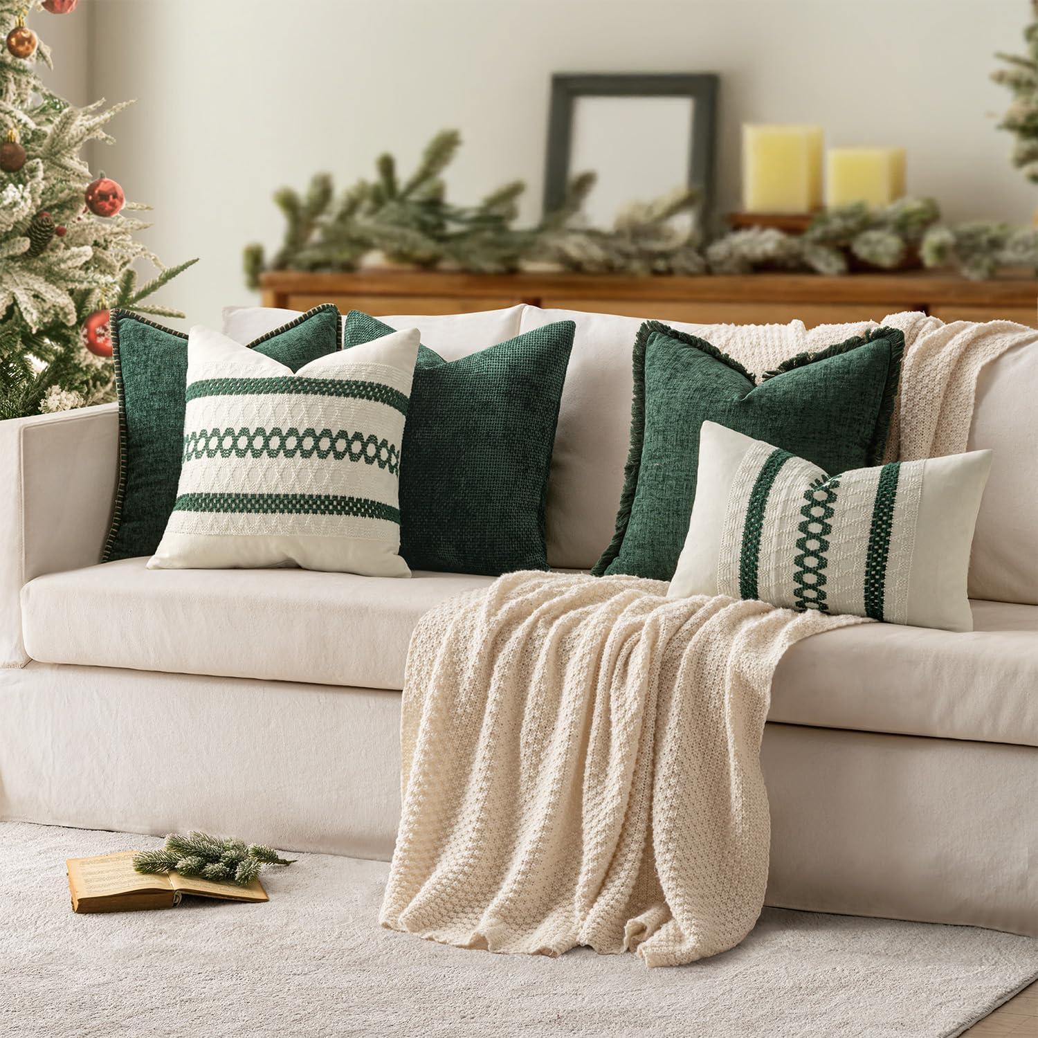 imageMIULEE Pack of 2 Couch Throw Pillow Covers 18x18 Inch Dark Teal Farmhouse Decorative Pillow Covers with Stitched Edge Soft Chenille Solid Dyed Spring Pillow Covers for Sofa Bed Living RoomDark Green