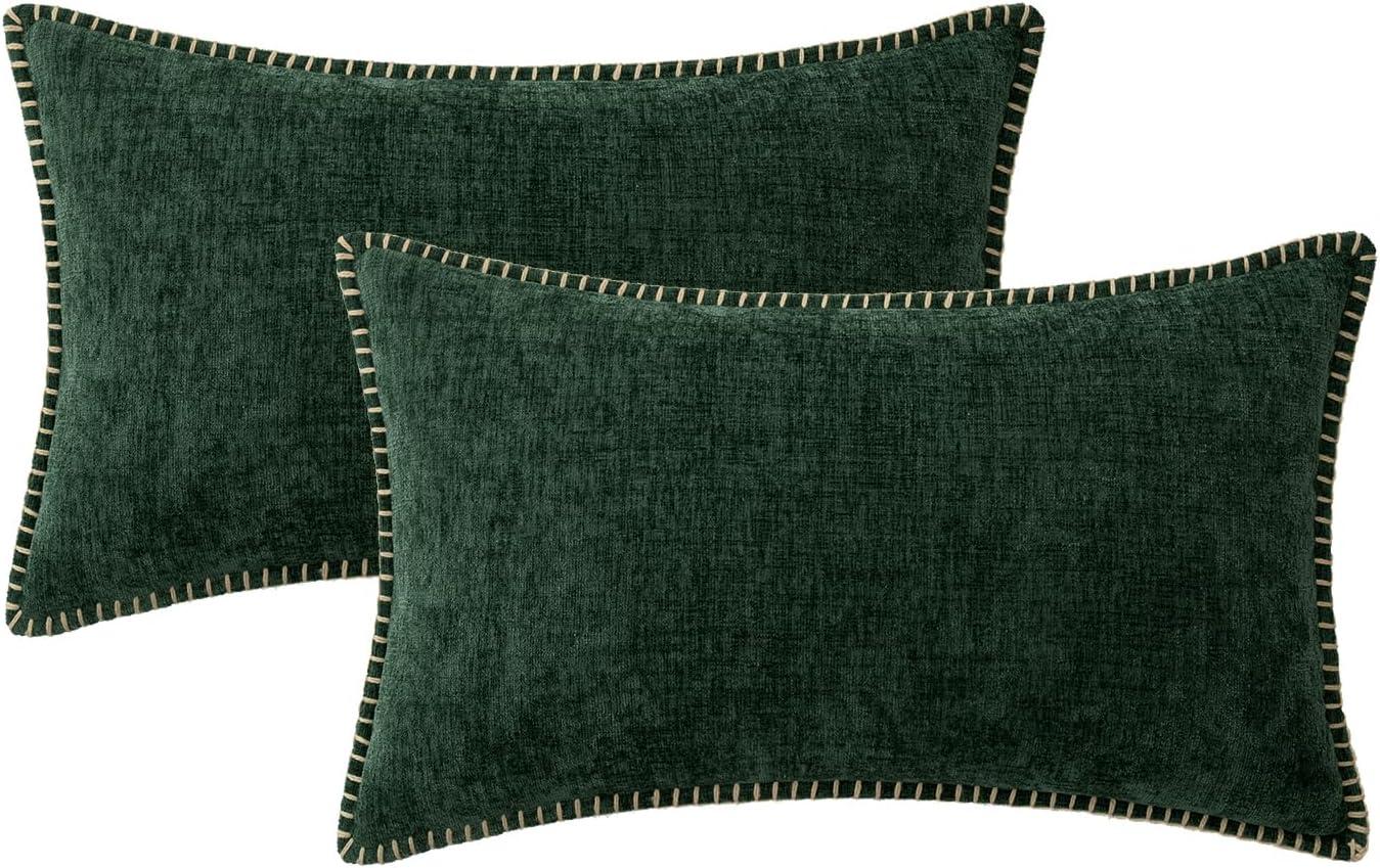 imageMIULEE Pack of 2 Couch Throw Pillow Covers 18x18 Inch Dark Teal Farmhouse Decorative Pillow Covers with Stitched Edge Soft Chenille Solid Dyed Spring Pillow Covers for Sofa Bed Living RoomDark Green