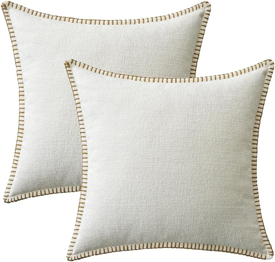 imageMIULEE Pack of 2 Couch Throw Pillow Covers 18x18 Inch Dark Teal Farmhouse Decorative Pillow Covers with Stitched Edge Soft Chenille Solid Dyed Spring Pillow Covers for Sofa Bed Living RoomPure White