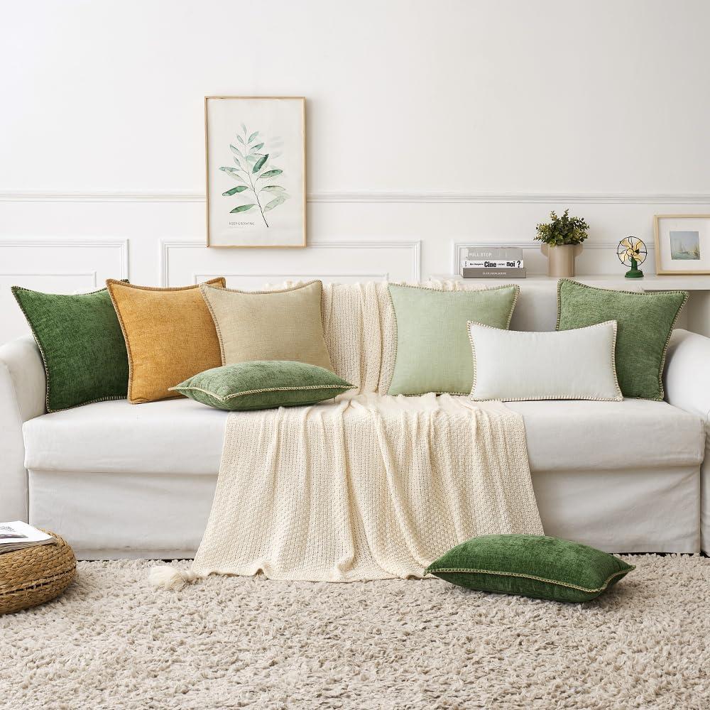 imageMIULEE Pack of 2 Couch Throw Pillow Covers 18x18 Inch Dark Teal Farmhouse Decorative Pillow Covers with Stitched Edge Soft Chenille Solid Dyed Spring Pillow Covers for Sofa Bed Living RoomBeige