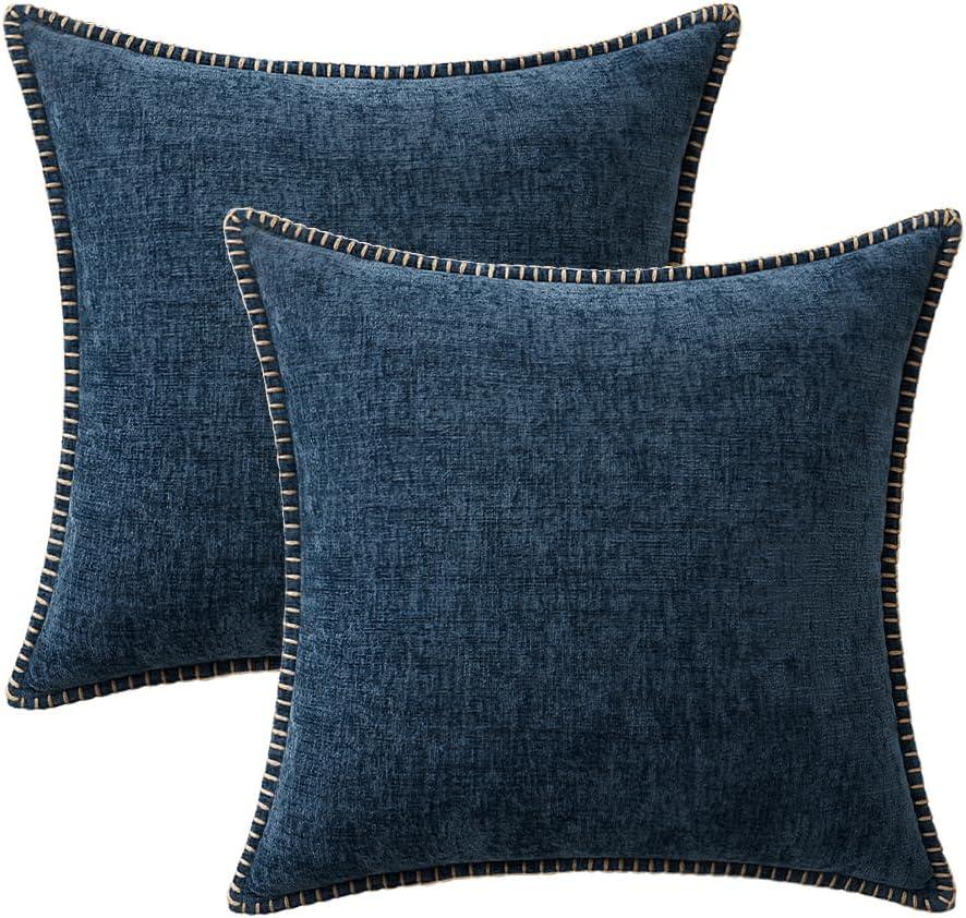 imageMIULEE Pack of 2 Couch Throw Pillow Covers 18x18 Inch Dark Teal Farmhouse Decorative Pillow Covers with Stitched Edge Soft Chenille Solid Dyed Spring Pillow Covers for Sofa Bed Living RoomDark Blue