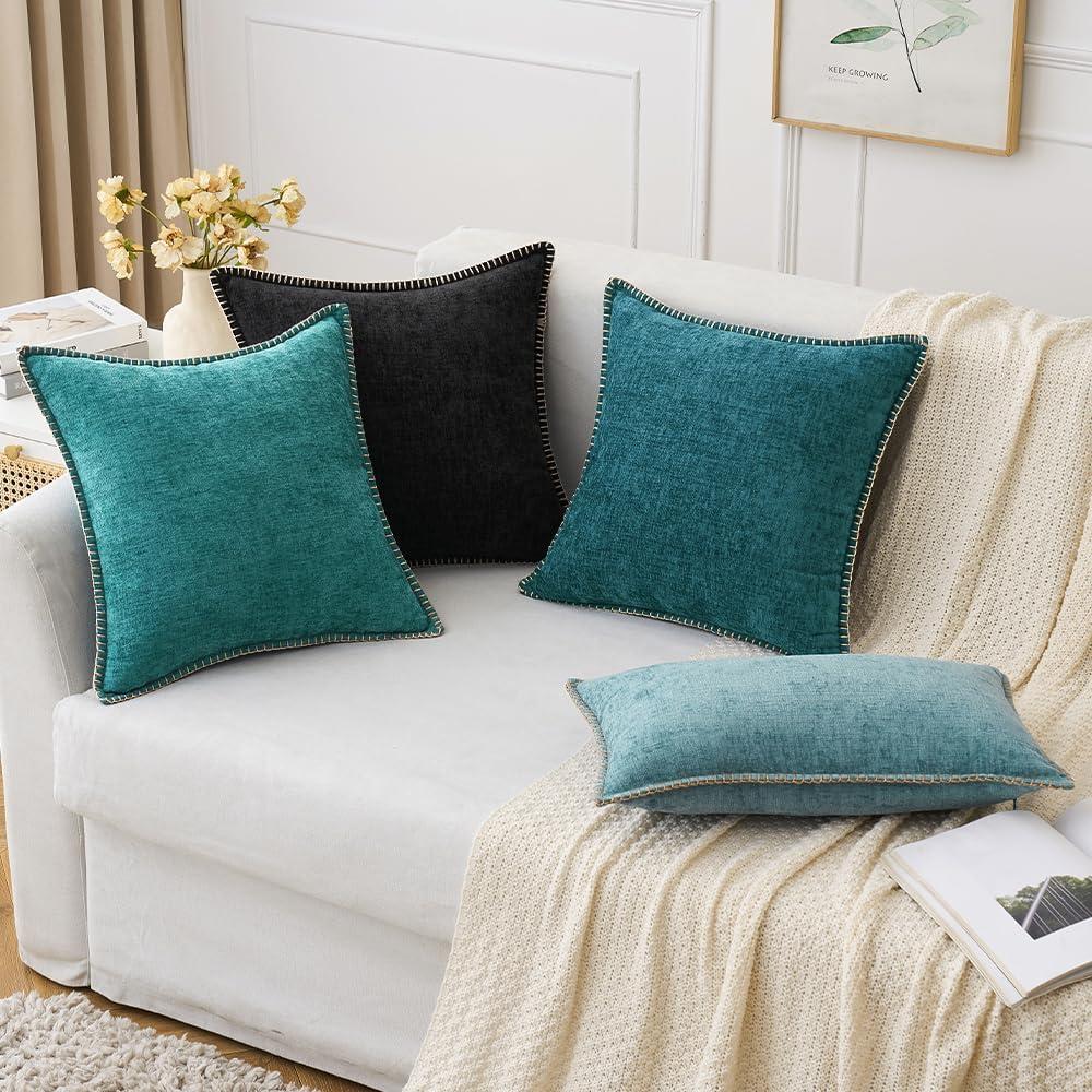 imageMIULEE Pack of 2 Couch Throw Pillow Covers 18x18 Inch Dark Teal Farmhouse Decorative Pillow Covers with Stitched Edge Soft Chenille Solid Dyed Spring Pillow Covers for Sofa Bed Living RoomDark Teal