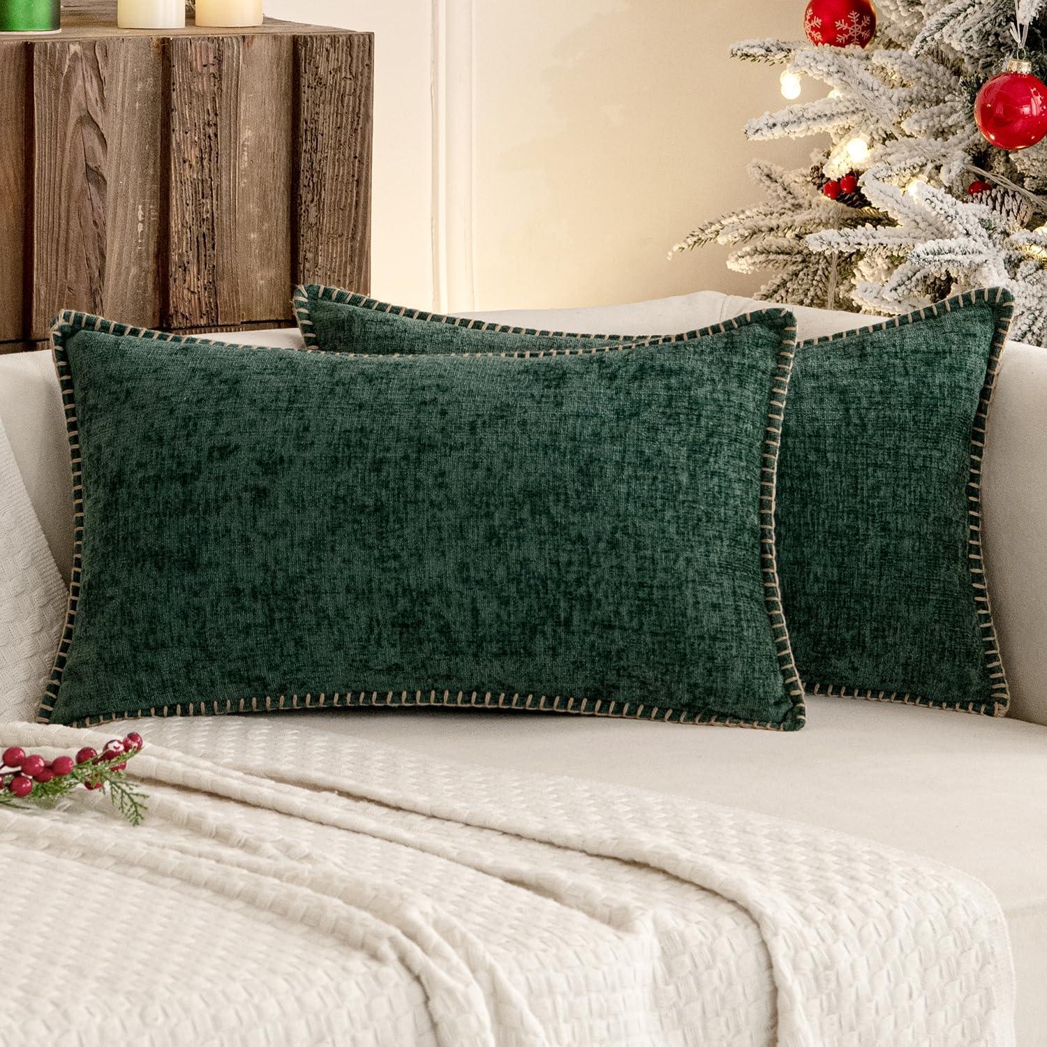 imageMIULEE Pack of 2 Couch Throw Pillow Covers 18x18 Inch Dark Teal Farmhouse Decorative Pillow Covers with Stitched Edge Soft Chenille Solid Dyed Spring Pillow Covers for Sofa Bed Living RoomDark Green