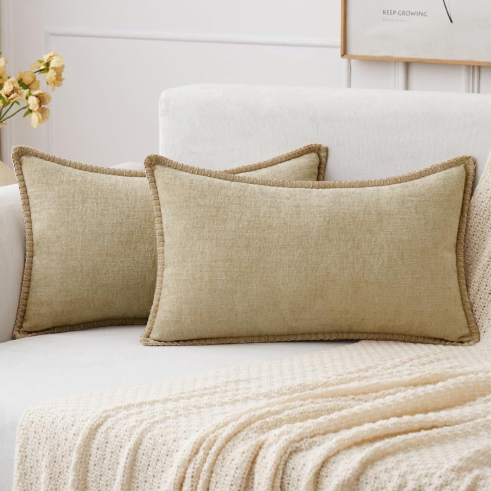 imageMIULEE Pack of 2 Couch Throw Pillow Covers 18x18 Inch Dark Teal Farmhouse Decorative Pillow Covers with Stitched Edge Soft Chenille Solid Dyed Spring Pillow Covers for Sofa Bed Living RoomBeige