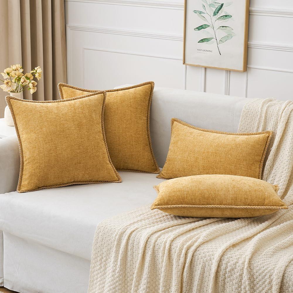 imageMIULEE Pack of 2 Couch Throw Pillow Covers 18x18 Inch Dark Teal Farmhouse Decorative Pillow Covers with Stitched Edge Soft Chenille Solid Dyed Spring Pillow Covers for Sofa Bed Living RoomGold