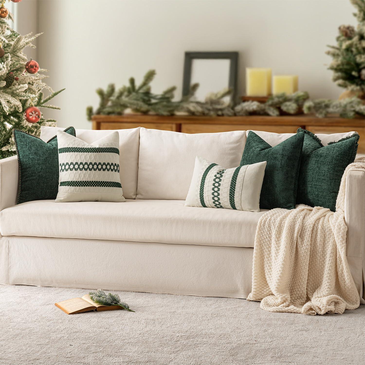 imageMIULEE Pack of 2 Couch Throw Pillow Covers 18x18 Inch Dark Teal Farmhouse Decorative Pillow Covers with Stitched Edge Soft Chenille Solid Dyed Spring Pillow Covers for Sofa Bed Living RoomDark Green