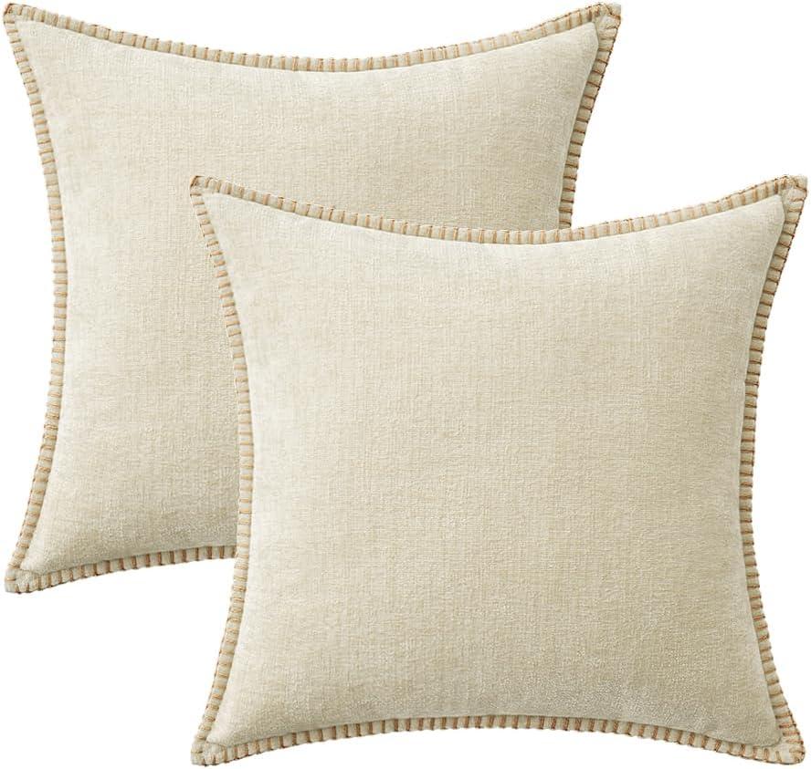imageMIULEE Pack of 2 Couch Throw Pillow Covers 18x18 Inch Dark Teal Farmhouse Decorative Pillow Covers with Stitched Edge Soft Chenille Solid Dyed Spring Pillow Covers for Sofa Bed Living RoomCream White