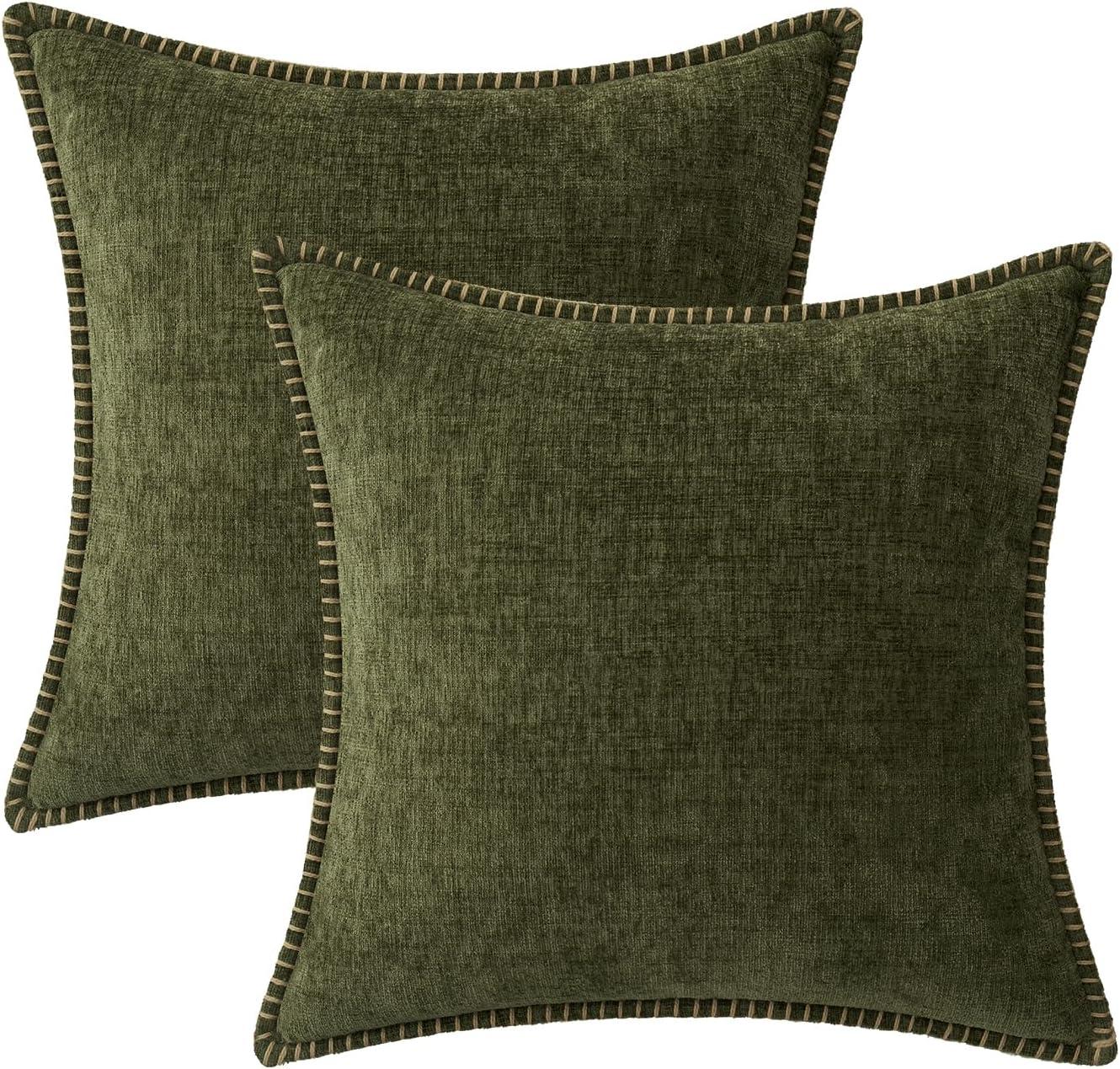 imageMIULEE Pack of 2 Couch Throw Pillow Covers 18x18 Inch Dark Teal Farmhouse Decorative Pillow Covers with Stitched Edge Soft Chenille Solid Dyed Spring Pillow Covers for Sofa Bed Living RoomOlive Green