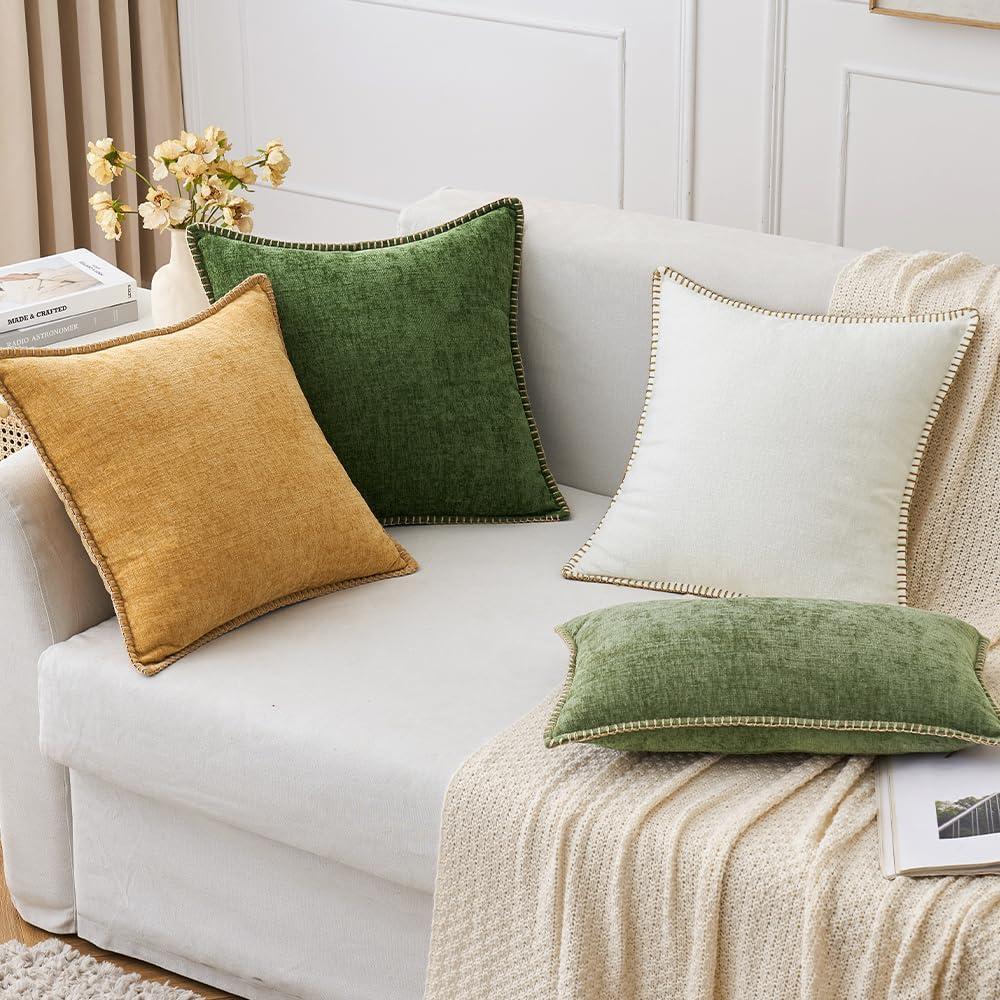 imageMIULEE Pack of 2 Couch Throw Pillow Covers 18x18 Inch Dark Teal Farmhouse Decorative Pillow Covers with Stitched Edge Soft Chenille Solid Dyed Spring Pillow Covers for Sofa Bed Living RoomMoss Green