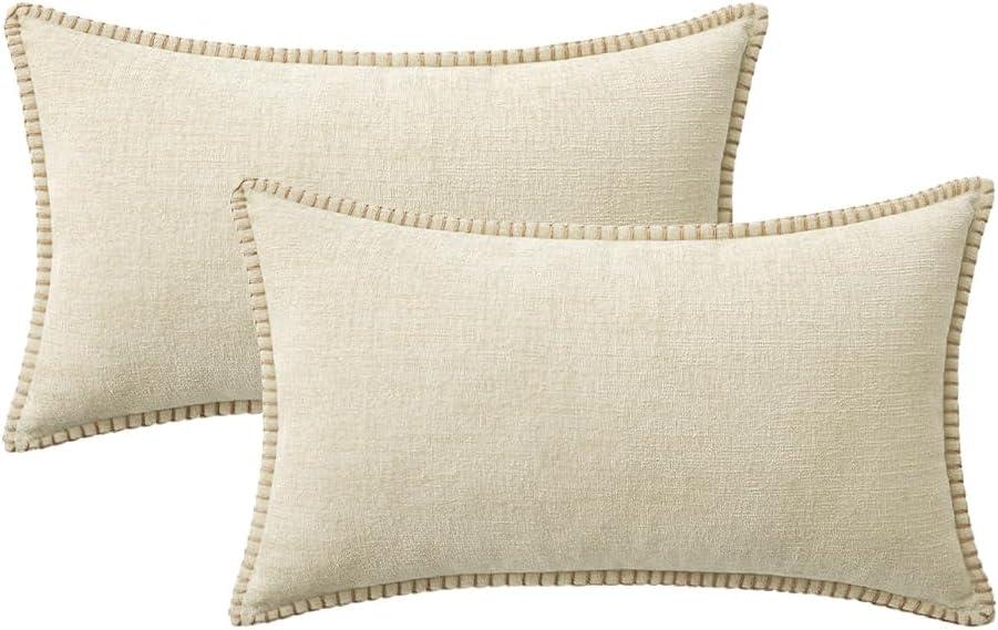 imageMIULEE Pack of 2 Couch Throw Pillow Covers 18x18 Inch Dark Teal Farmhouse Decorative Pillow Covers with Stitched Edge Soft Chenille Solid Dyed Spring Pillow Covers for Sofa Bed Living RoomCream White