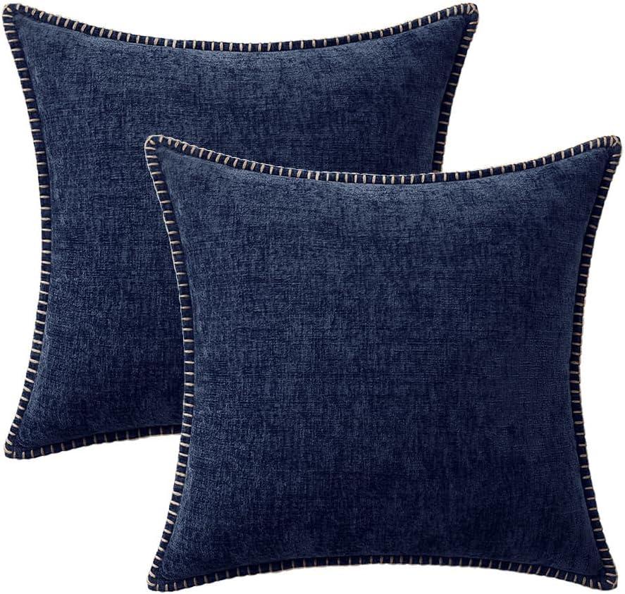 imageMIULEE Pack of 2 Couch Throw Pillow Covers 18x18 Inch Dark Teal Farmhouse Decorative Pillow Covers with Stitched Edge Soft Chenille Solid Dyed Spring Pillow Covers for Sofa Bed Living RoomNavy Blue